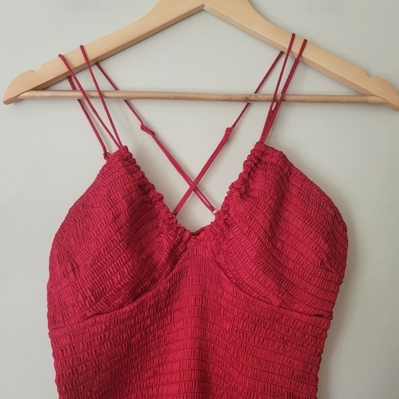 Free People Shirred Smocked Red Slinky Strappy Mini Dress Size XS - Picture 6 of 11